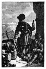 Armed Kashmir soldiers in fortress with rifles and gun. .Culture and history of Asia. Vintage antique black and white illustration. 19th century.