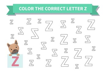 Printable game. Worksheet for kids. Exercise about letter reversals. Color the correct letter Z. French bulldog, Page a4, Vector.