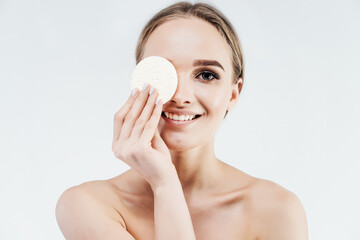 Skin cleansing at home. Sponges for skin cleansing. Naturalness and beauty. Place for advertising text