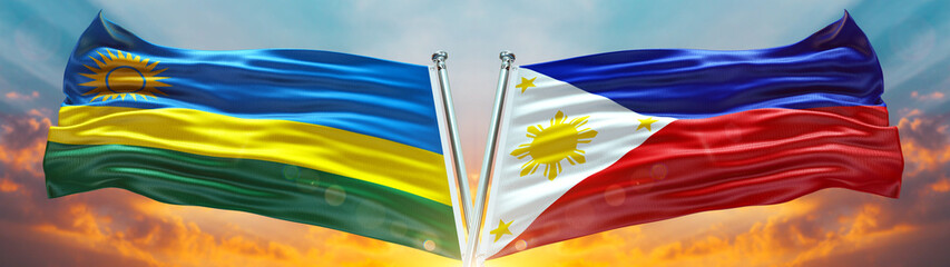 Rwanda Flag and Philippines Flag waving with texture Blue sky could and sunset Double flag