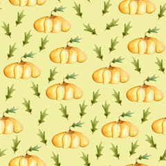 Watercolor pumpkins halloween patern. Template for decorating designs and illustrations.