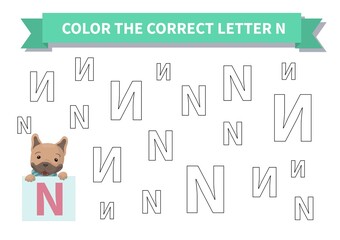 Printable game. Worksheet for kids. Exercise about letter reversals. Color the correct letter N. French bulldog, Page a4, Vector.