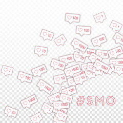 Social media icons. Smo concept. Falling pink like counter. Radiant right bottom corner elements on