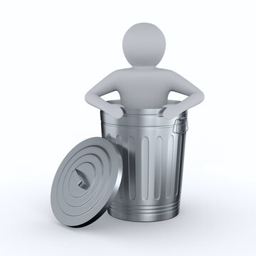 man into garbage basket on white background. Isolated 3D illustration
