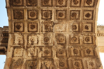 Texture of arch of Hadrians gate, bottom view. An ancient historical architecture background. Beauty of art.