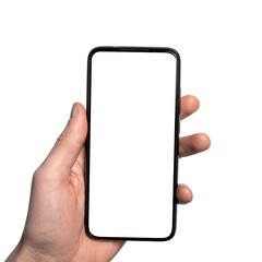 Mock up, mockup.Man hand holding the black smartphone with frame less blank screen and modern frameless design,vertical - isolated on white background.Clipping path.UI design interface