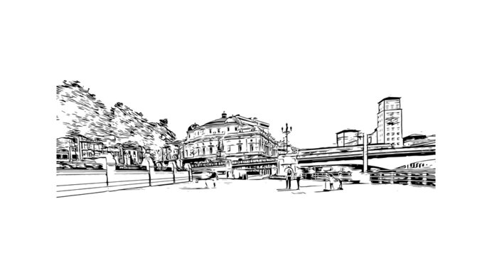 recommend clip art: Building view with landmark of Bilbao is the
                    city in Spain. Hand drawn sketch illustration in vector.