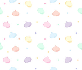 Meringues, marshmallows of delicate color, sweet dessert. Seamless pattern, vector