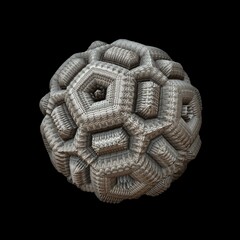 An isolated 3D fractal ball of recursive structures with a dark background.