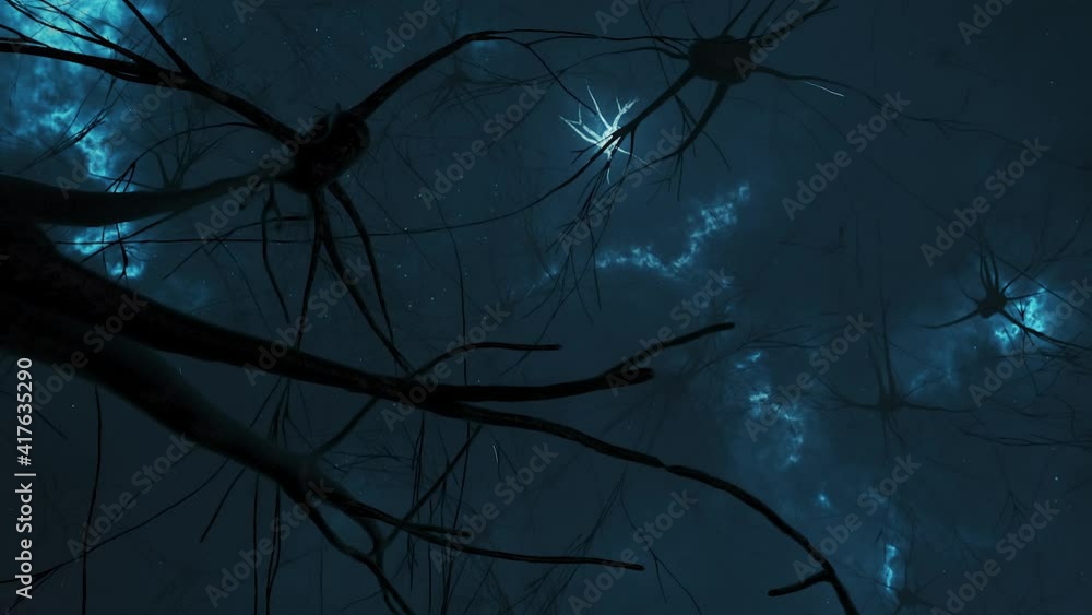 Poster animation of the activity of neurons and synapses. neural connections in outer space, radioactivity,