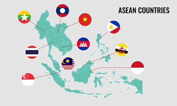 Vector illustration of 10 ASEAN Countries map and round flag. Malaysia, Indonesia, Thailand, Philippines, Vietnam, Myanmar, Cambodia, Laos, Singapore and Brunei. South East Asia