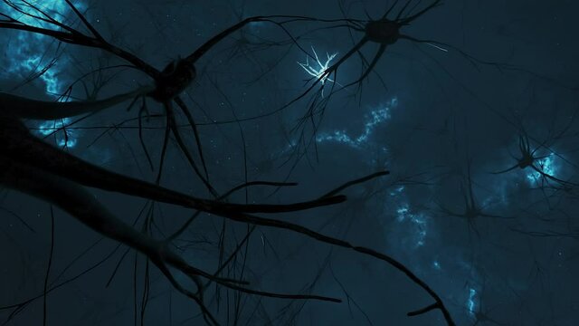 Animation of the activity of neurons and synapses. Neural connections in outer space, radioactivity, neurotransmitters, brain, axons. Electrical impulses transmitting signals. Mind concept.