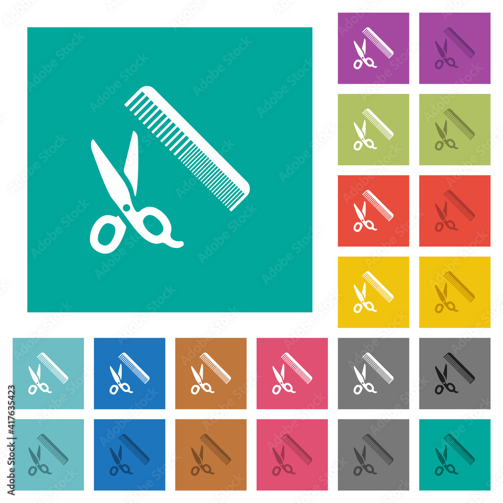 Poster comb and scissors square flat multi colored icons