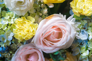 Beautiful, colorful, vibrant bouquet of flowers; roses, irises, daisies, hydrangea,.. Wedding, event, women's day concept