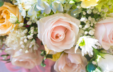 Beautiful, colorful, vibrant bouquet of flowers; roses, irises, daisies, hydrangea,.. Wedding, event, women's day concept