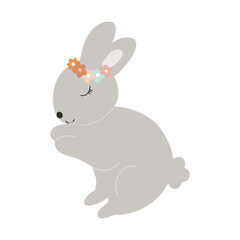 Grey Baby Bunny with a floral wreath on head. Little Sleep Rabbit. Cute Easter Animal. Hares Vector Spring illustration isolated on background. Design for card, print, book, kids story.