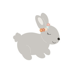 Grey Baby Bunny with a floral wreath on head. Little Sleep Rabbit. Cute Easter Animal. Hares Vector Spring illustration isolated on background. Design for card, print, book, kids story.
