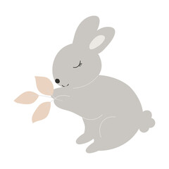 Grey Baby Bunny holds leaves in its paws. Little Rabbit. Cute Easter Animal. Hares Vector Kids Illustration isolated on background. Design for card, print, book, kids story