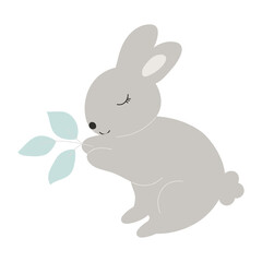 Grey Baby Bunny holds leaves in its paws. Little Rabbit. Cute Easter Animal. Hares Vector Kids Illustration isolated on background. Design for card, print, book, kids story