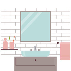Vector modern cozy bathroom in flat style. Sink, furniture and mirror on a brick wall background. Home interior.