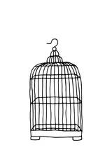 Empty hanging vintage birdcage - hand drawn vector illustration