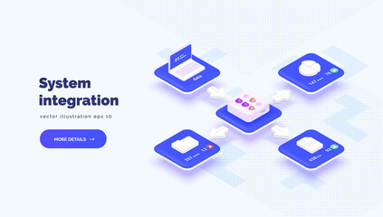 Integration system between different platforms with access to information. Digital technologies. Data transmission and protection. Vector illustration isometric style, 3D