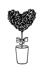flower pot with a decoration of flowers in the shape of a heart - doodle vector drawing in a realistic style. wedding illustration with roses lined in heart silhouette
