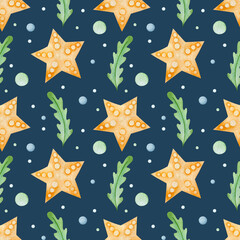 Watercolor seamless pattern of starfish and seaweed.