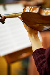 Play the violin. Musical instrument with the hands of the performer.