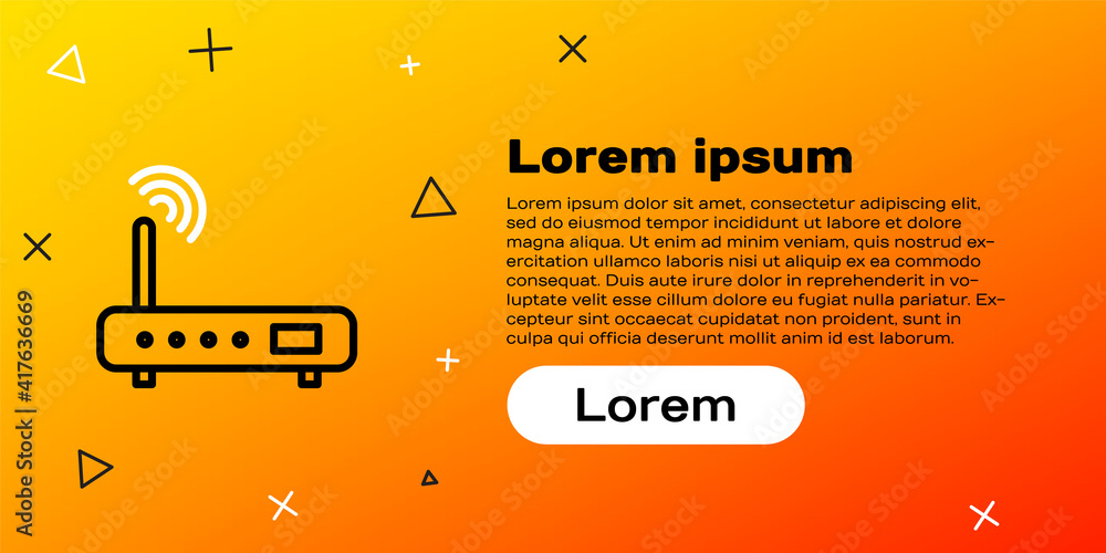 Poster line router and wi-fi signal icon isolated on yellow background. wireless ethernet modem router. com