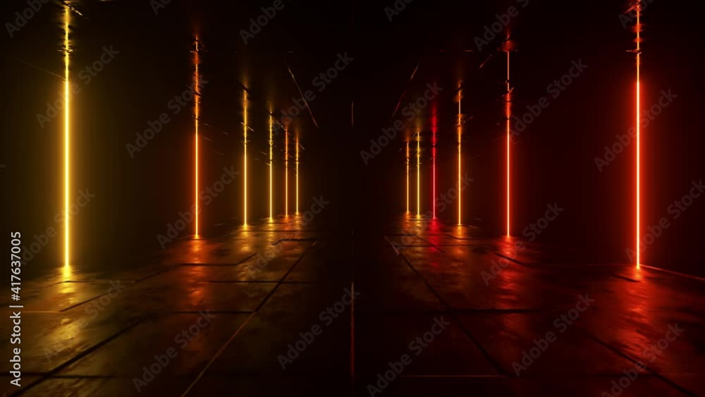 Poster futuristic sci fi bacgkround. red orange neon lights glowing in a room with concrete floor with refl