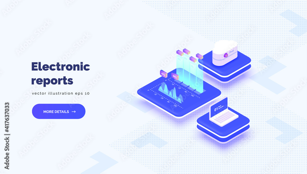 Poster electronic reporting. vector conceptual illustration with cloud server laptop interaction and e-repo