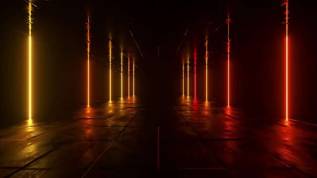 Futuristic sci fi bacgkround. Red orange neon lights glowing in a room with concrete floor with reflections of empty space. Alien, Spaceship, Future, Arch. Progress. 3D animation of seamless loop.