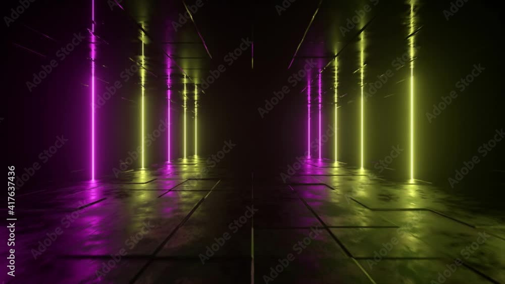 Poster futuristic sci fi bacgkround. pink yellow neon lights glowing in a room with concrete floor with ref