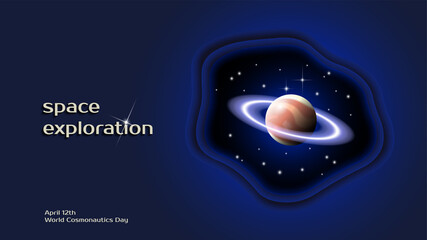 3D festive poster. Space exploration. April 12 World Cosmonautics Day. Bright planet like Saturn with rings and stars © GAlexS