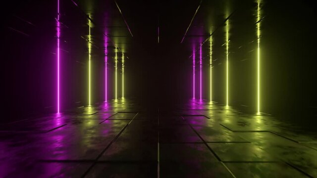 Futuristic sci fi bacgkround. Pink yellow neon lights glowing in a room with concrete floor with reflections of empty space. Alien, Spaceship, Future, Arch. Progress. 3D animation of seamless loop.