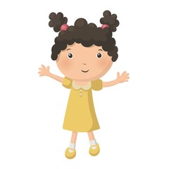 Cute pretty young curly girl in yellow dress isolated on white background. Vector illustration