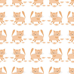 Cute Vector seamless pattern with daisy flowers and cute kittens. Design for fashion, fabric and all prints for children. Childish pattern for newborns.