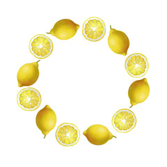 Round frame from lemons. Template for inscriptions from textured fruits on a white background