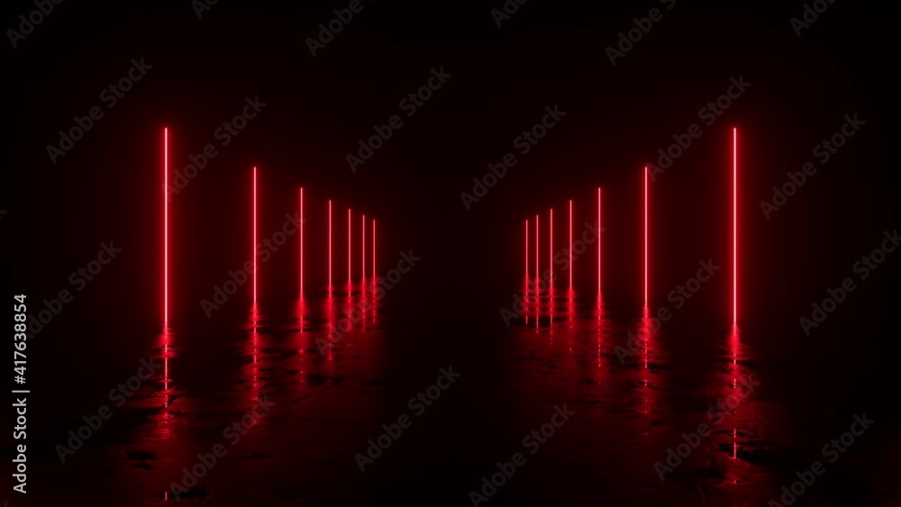 Poster futuristic sci fi bacgkround. red neon lights glowing in a room with concrete floor with reflections