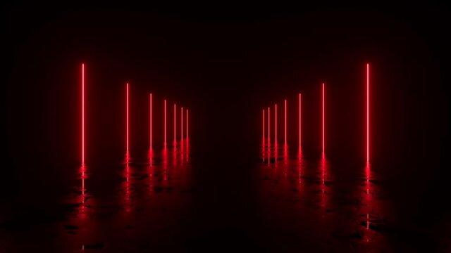 Futuristic sci fi bacgkround. Red neon lights glowing in a room with concrete floor with reflections of empty space. Alien, Spaceship, Future, Arch. Progress. 3D animation of seamless loop.