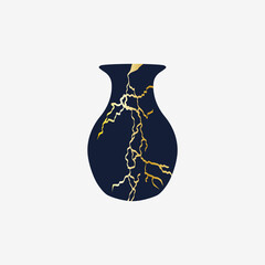Repaired Japan vase kintsugi art color sketch engraving illustration. Scratch board style imitation.
