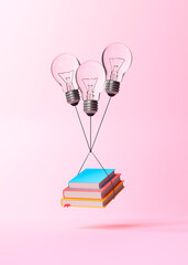 Books with bulb lamps flying on a pink background. Education concept. 3d rendering illustration