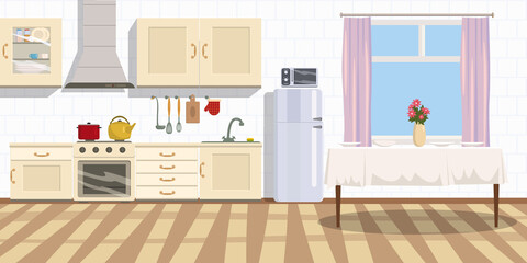 Furniture interior kitchens and appliances. Microwave, refrigerator, gas stove, dishwasher and decoration. Vector illustration flat style illustration