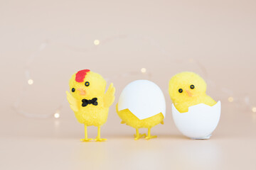 yellow baby chick close up singing loudly. orange happy easter background