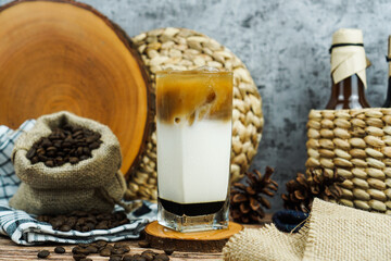 Fototapeta na wymiar coffee milk brown sugar product concept photography on coffee shop, Brown Sugar Iced Coffee Recipe. just brew up a pot of your favorite blend your coffee with milk and brown sugar