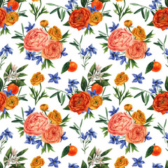 Watercolor pattern with flowers and citrus fruits