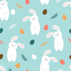 Easter seamless pattern with bunnies, flowers, easter eggs, beautiful background, great for Easter Cards, banner, textiles, wallpapers - vector design.