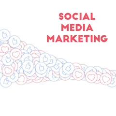 Fototapeta na wymiar Social media icons. Social media marketing concept. Falling scattered thumbs up hearts. Square shape
