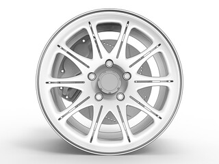 Obraz premium 3D render of an aluminum car disc complete with a brake system (sketch)